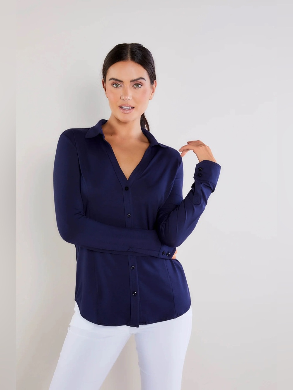 ANATOMIE Long Sleeve Button Front Jersey Shirt Collared in Navy Blue Travel M